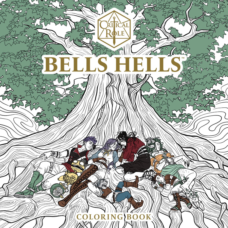 Critical Role Bells Hells coloring book with characters resting among tree roots
