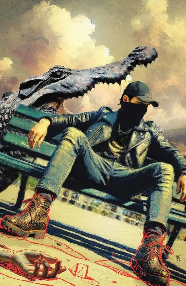Masked figure in tactical gear sitting on a bench, featured in Crocodile Black #1 trading cards