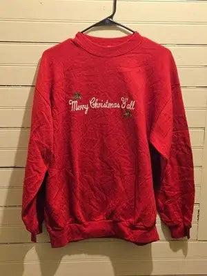 Crowders Creek Sweatshirt Womens L Red Merry Christmas Yall Embroidered Holly - Apparel