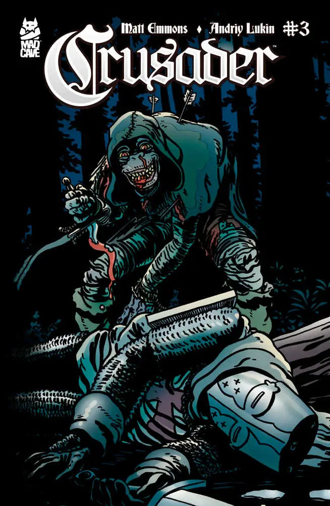 Dark hooded figure in combat gear against gothic backdrop for Crusader #3 trading cards
