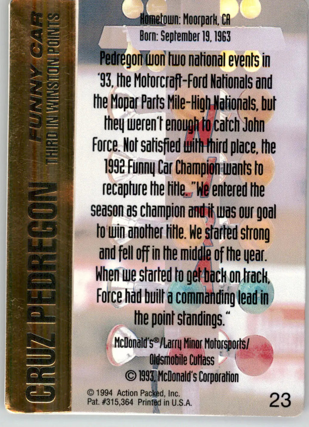 Cruz Pedregon - 1994 Action Packed NHRA - #23 - Racing