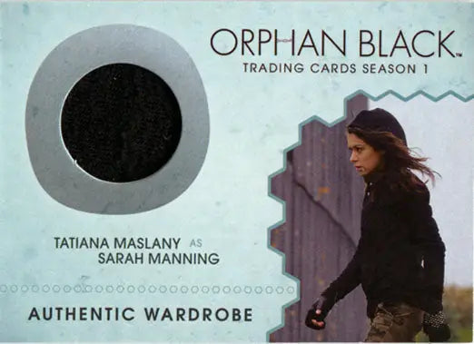 Trading card of Tatiana Maslany as Sarah from Orphan Black with fabric swatch