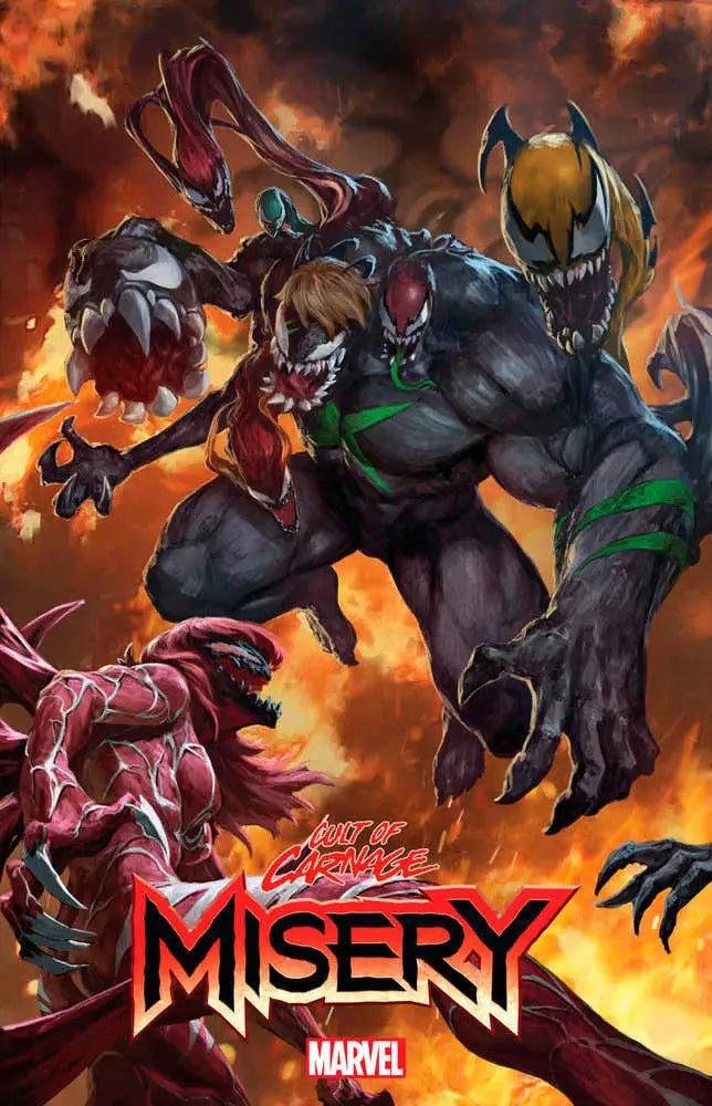 Monstrous symbiote creature with claws against fiery backdrop in Cult Of Carnage: Misery 4 trading cards