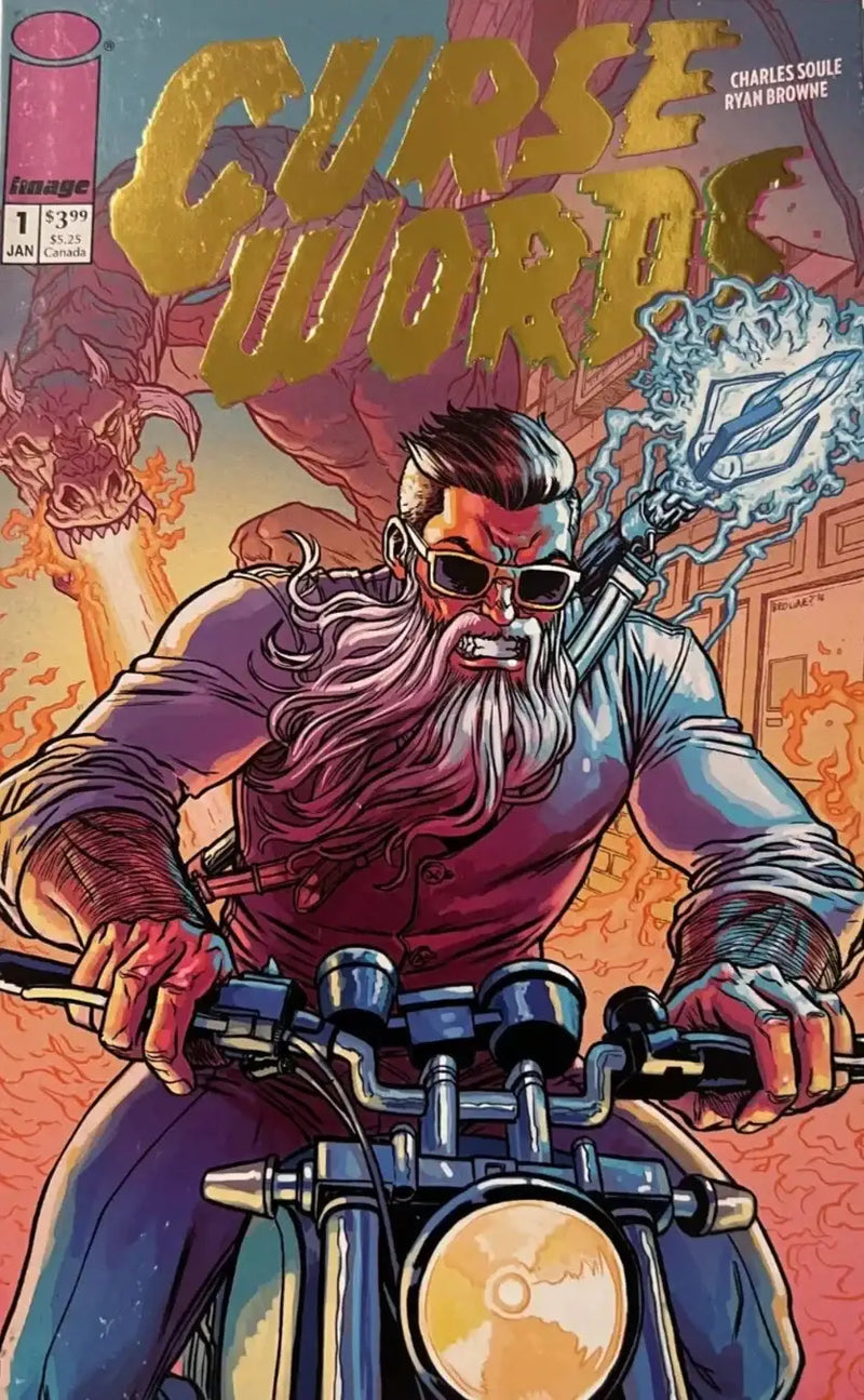 Comic book cover of Curse Words #1 featuring a bearded motorcyclist with glowing eyes