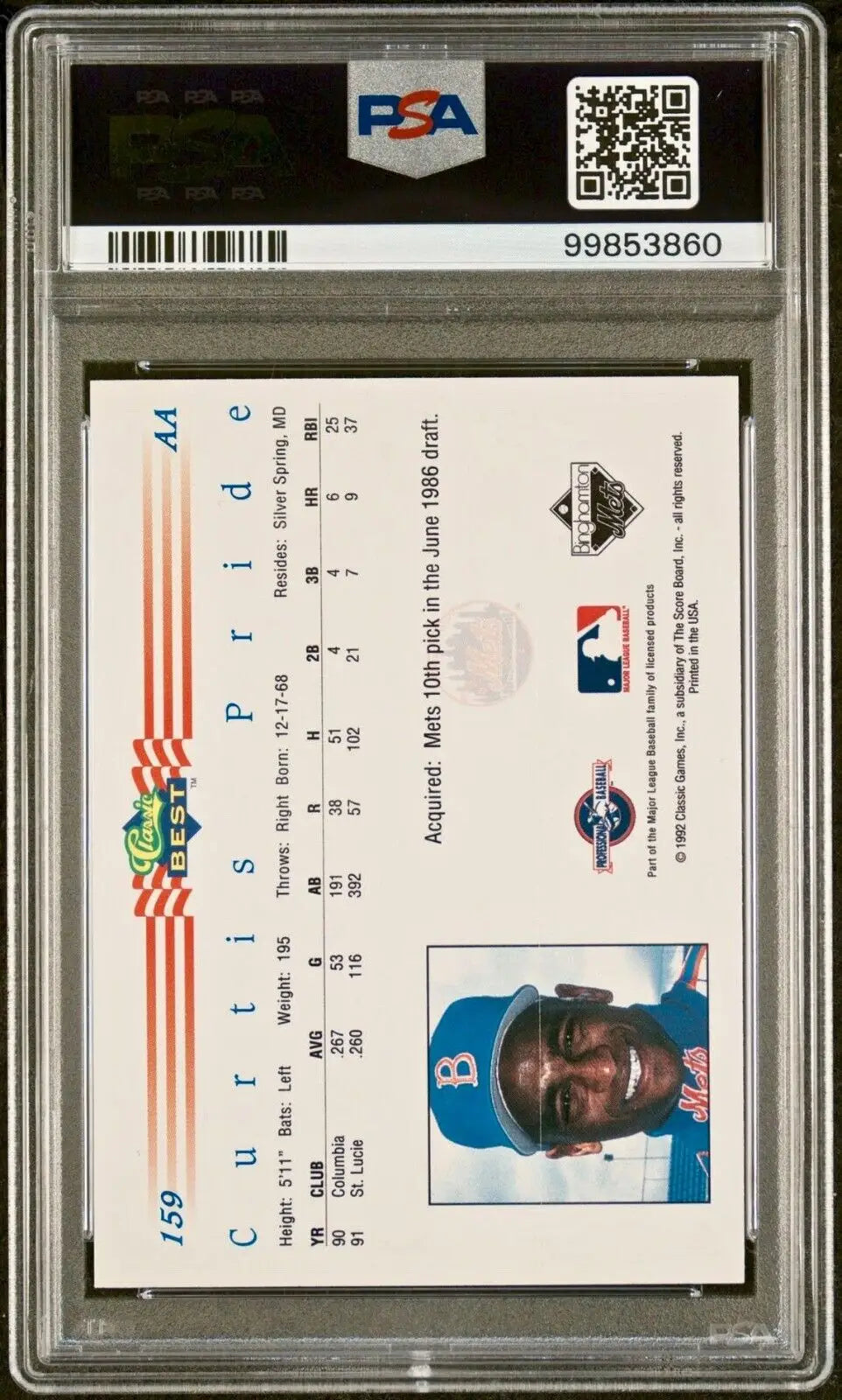 Curtis Pride 1992 Classic Best MLB #159 Baseball Card PSA 9 Auto 9