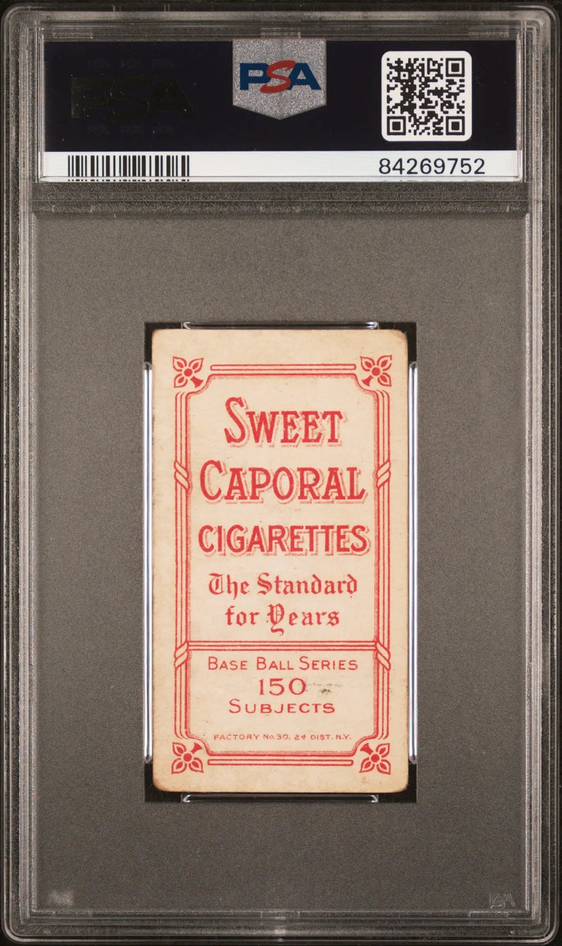 PSA-graded back of Cy Seymour’s T206 Sweet Caporal Cigarettes trading card from the 1900s