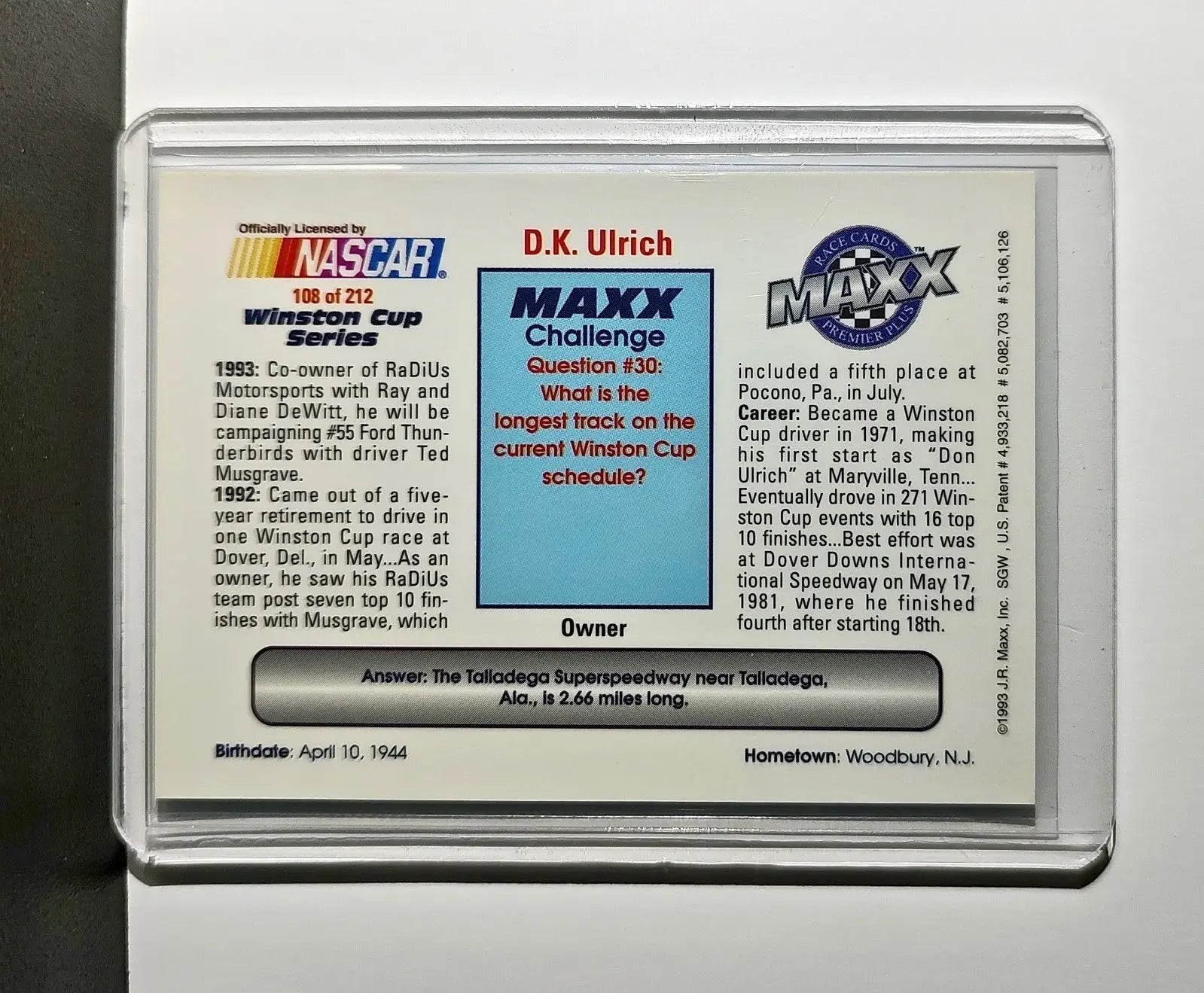 D.K. Ulrich 1993 Maxx Premier Plus Racing #108 NASCAR Card RaDiUs Motorsports