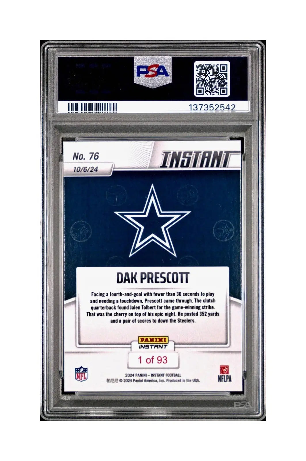 Dak Prescott Rookie 2024 Panini Instant NFL #76 PSA 10 Gem Mint - Football Card Single
