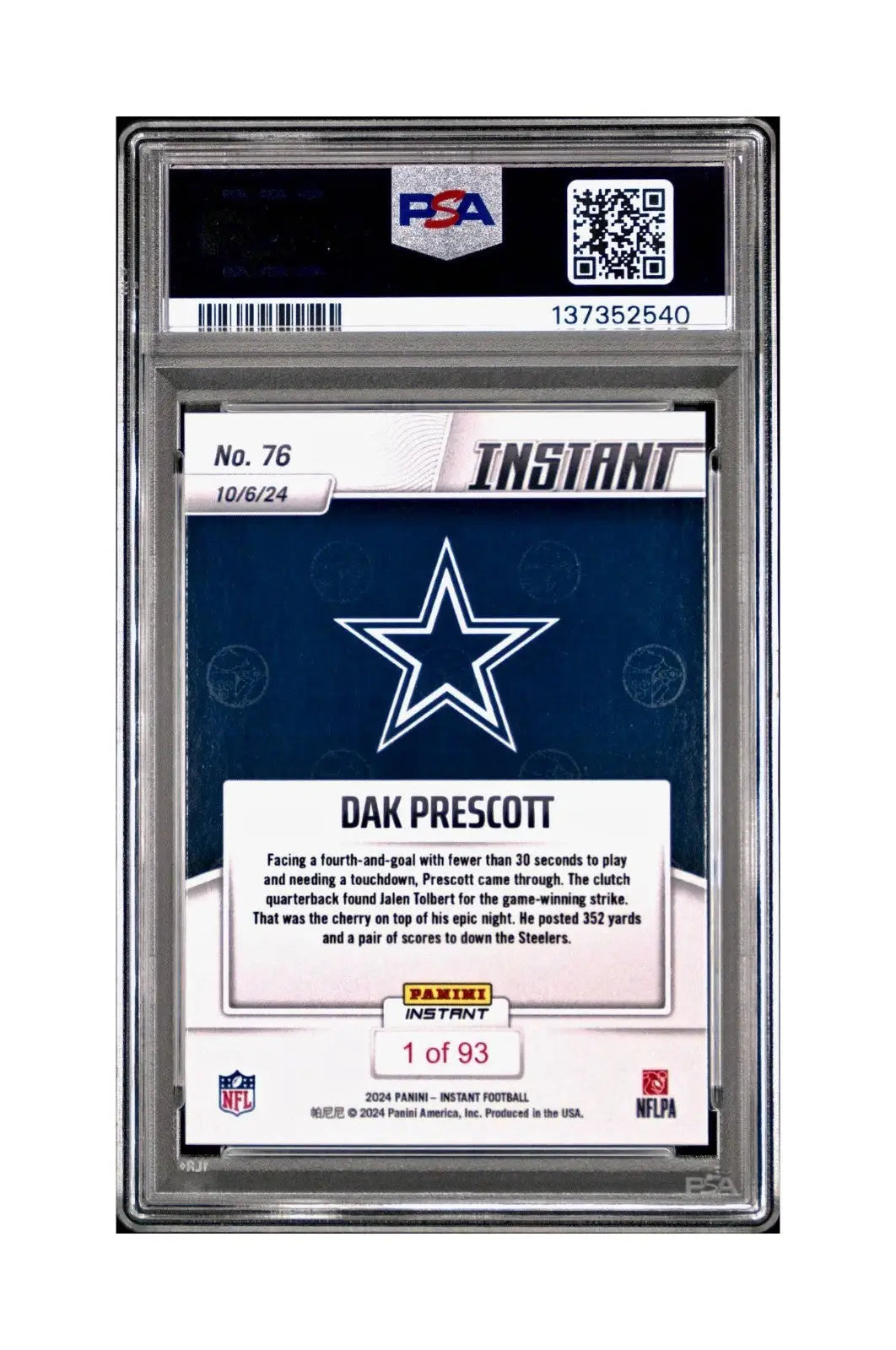 Dak Prescott Rookie 2024 Panini Instant NFL #76 PSA 10 Gem Mint
