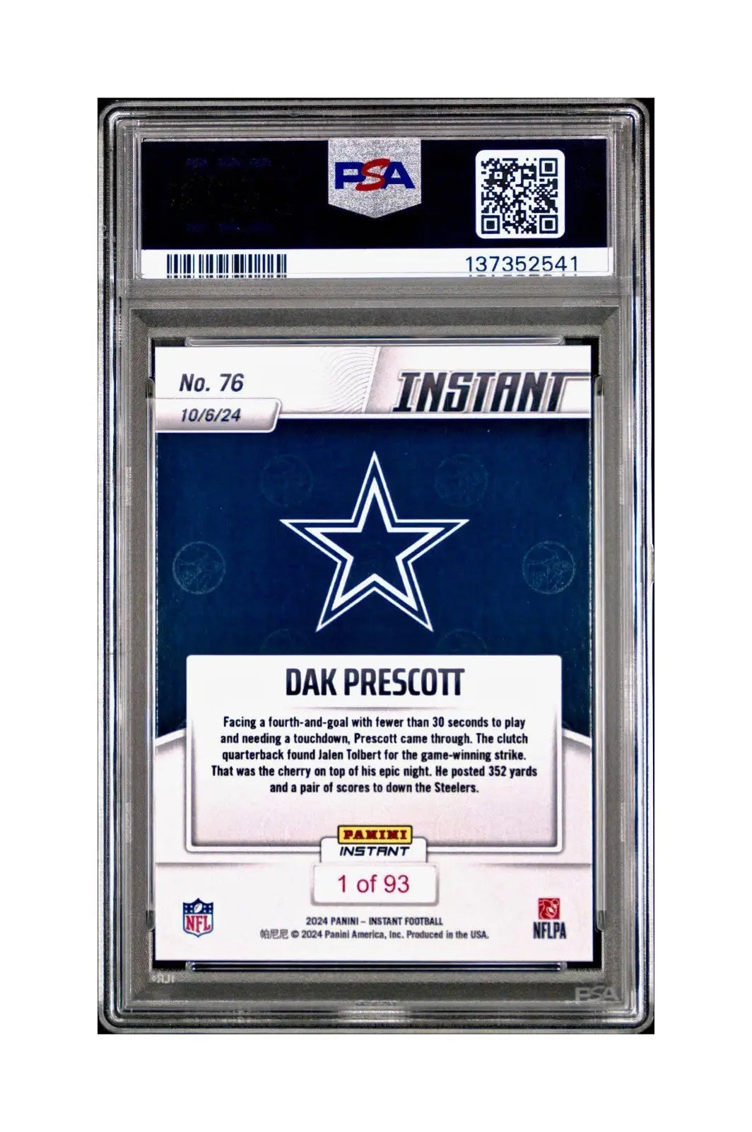 Dak Prescott Rookie 2024 Panini Instant NFL #76 PSA 10 Gem Mint