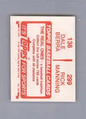 Dale Berra / Rick Manning - 1984 Topps Stickers - #136 / 299 - Baseball - Baseball Card Single