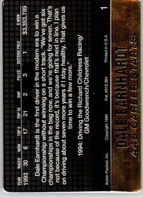 Dale Earnhardt - 1994 Action Packed - #1 - Racing - Racing Card Single
