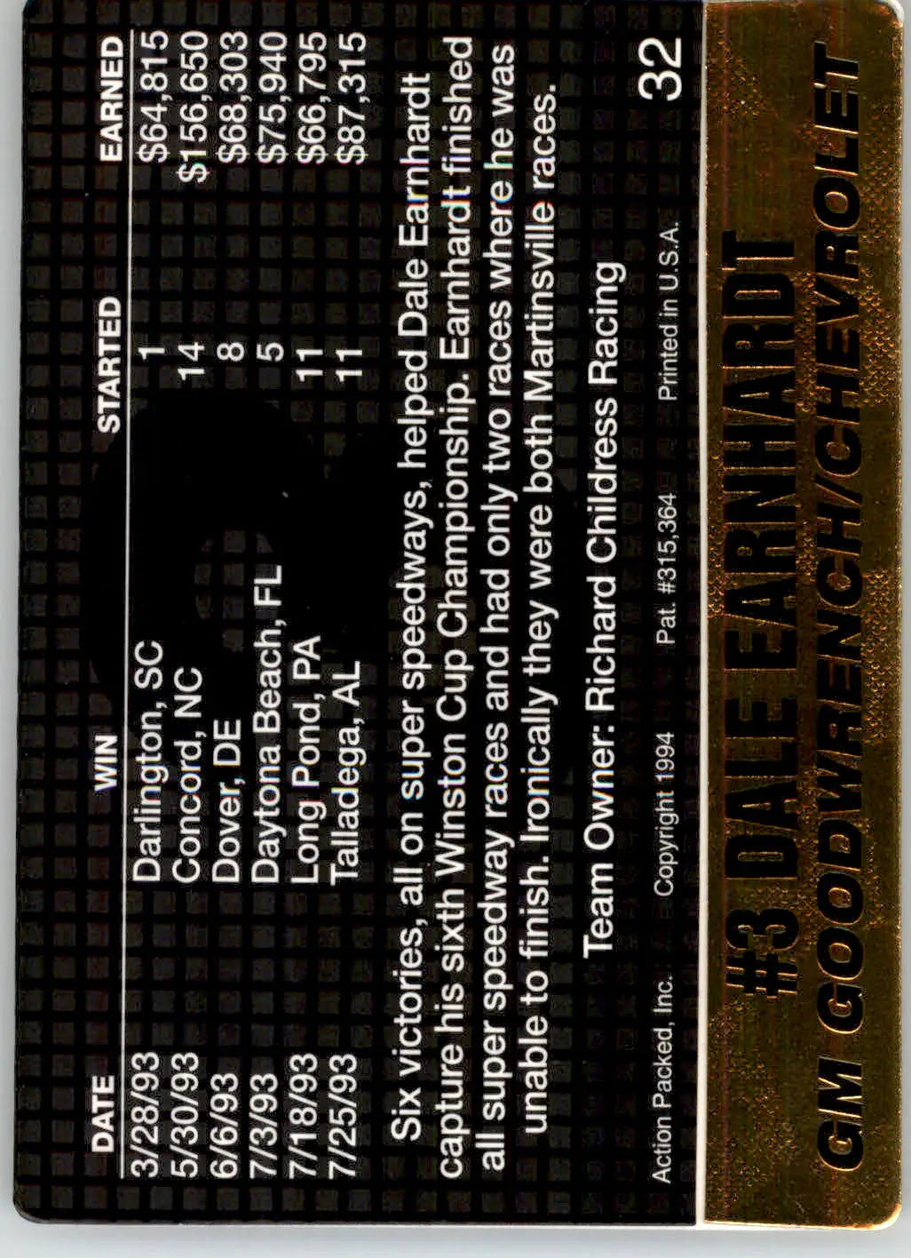 Dale Earnhardt - 1994 Action Packed - #32 - Racing - Racing Card Single