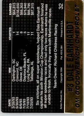 Dale Earnhardt - 1994 Action Packed - #32 - Racing - Racing Card Single