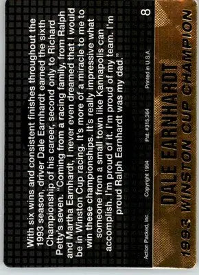Dale Earnhardt - 1994 Action Packed - #8 - Racing - Racing Card Single