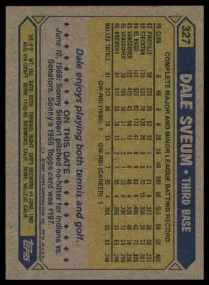 Dale Sveum Rookie 1987 Topps #327 Milwaukee Brewers - Baseball Card Single