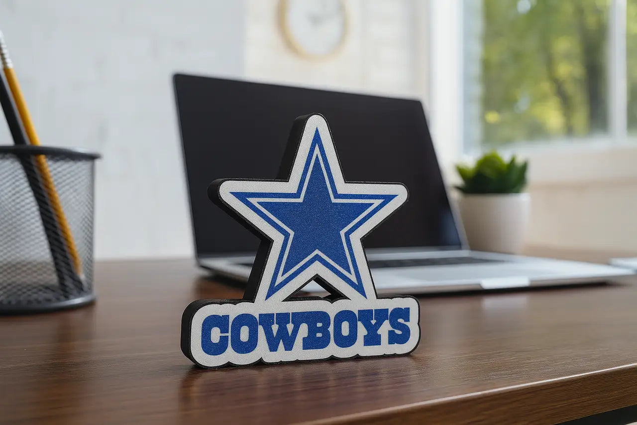 Blue and white Dallas Cowboys logo sign with COWBOYS text, perfect for NFL fans