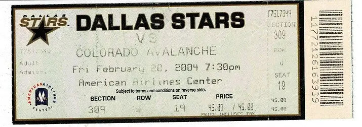 Dallas Stars Colorado Avalanche 2/20/04 UNUSED Full TICKET Feb 20 2004 - Sports Memorabilia