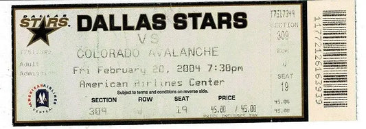 Dallas Stars Colorado Avalanche 2/20/04 UNUSED Full TICKET Feb 20 2004 - Sports Memorabilia