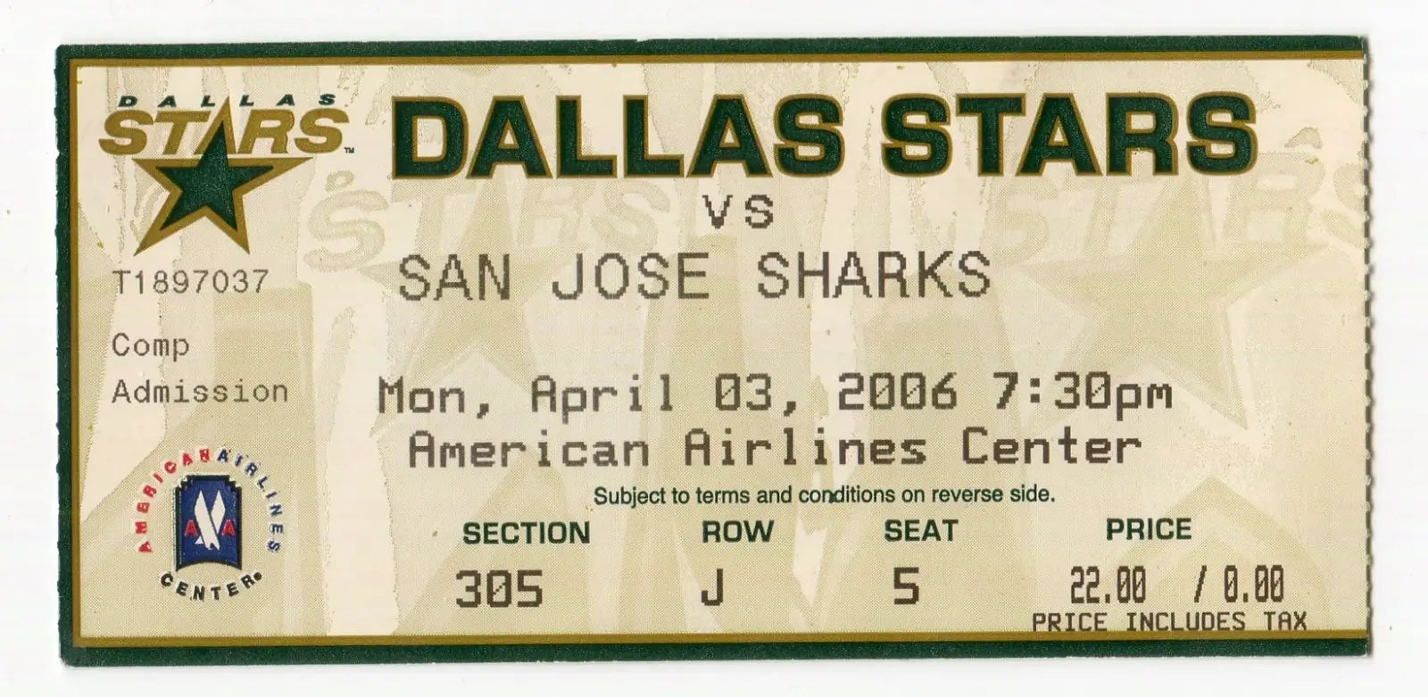 Dallas Stars Ticket Stub Hockey April 3 2006 vs San Jose Sharks Joe Thornton GL - Sports Memorabilia