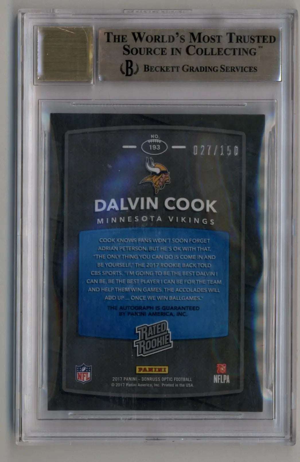 Dalvin Cook 2017 Donruss Optic Rated Rookies Auto 027/150 #193 BGS 9.5 Gem Mint - Football Card Single