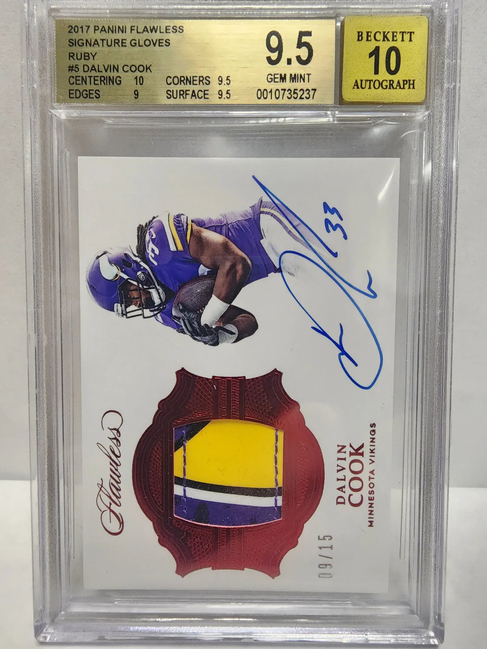 Dalvin Cook 2017 Panini Flawless Signature Gloves Ruby #9/15 BGS 9.5 Auto 10 - Football Card Single