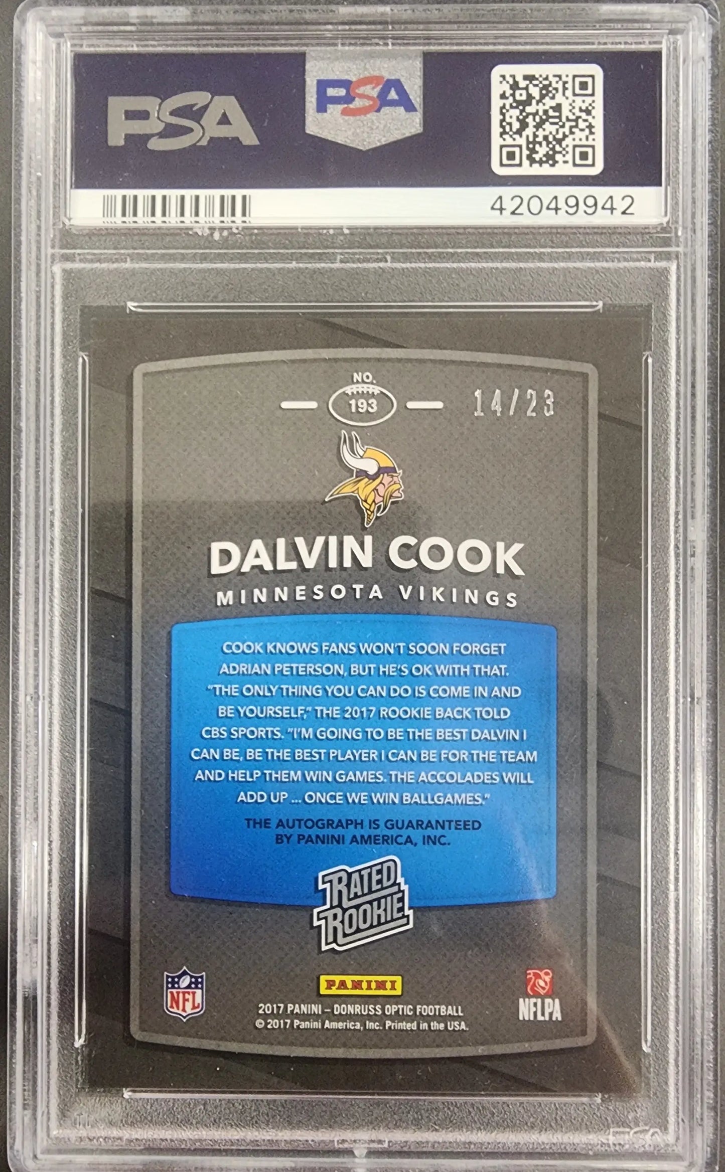 Dalvin Cook 2017 Panini Playoff Optic Preview Auto #14/23 PSA 10 Gem Mint - Football Card Single