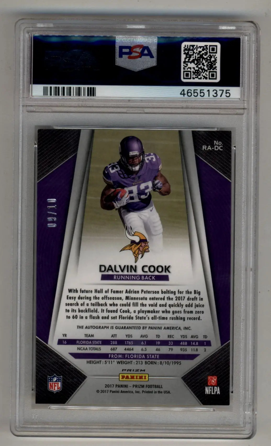 Dalvin Cook 2017 Prizm Rookie Auto Gold 09/10 PSA 9 Mint - Football Card Single