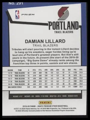 Damian Lillard 2019-20 Hoops Premium Purple Disco #291 Portland Trail Blazers - Basketball Card Single