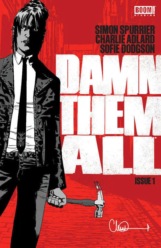 Comic book cover of Damn Them All #1 features black and white art on red backdrop