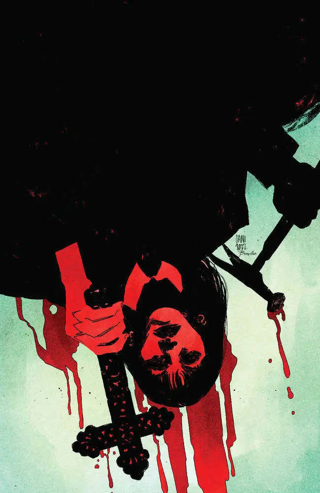 Stylized illustration of a severed head with blood drips and an axe for Damn Them All #1 Cover K