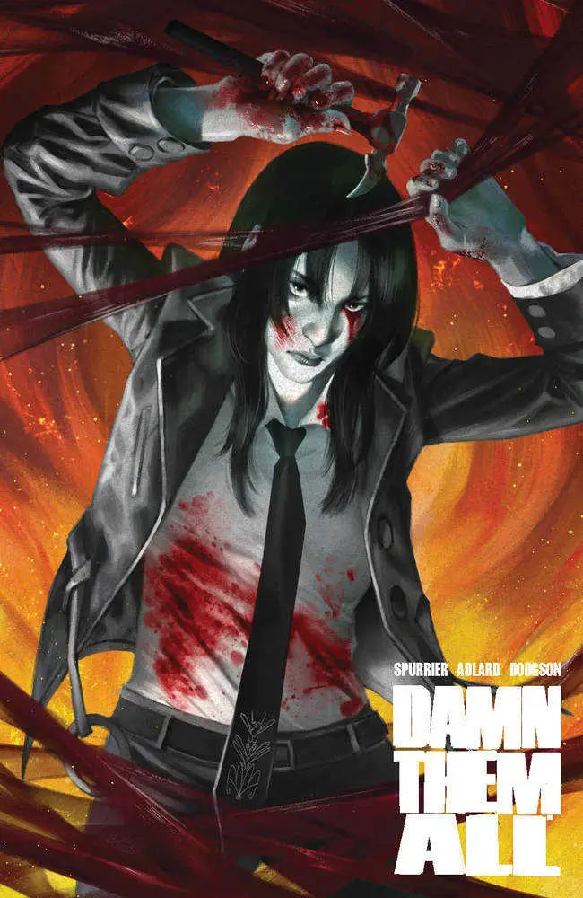 Menacing figure in suit with knives, fiery background for Damn Them All #2 Cover B Murakami