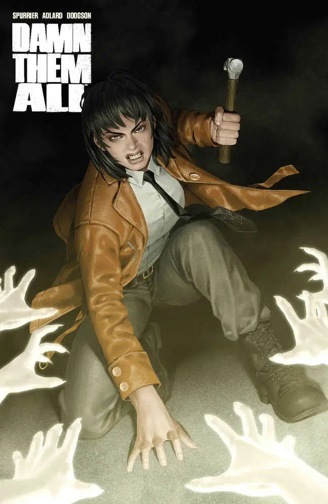 Comic book cover of Damn Them All #2 features ghostly hands grabbing a person in brown jacket