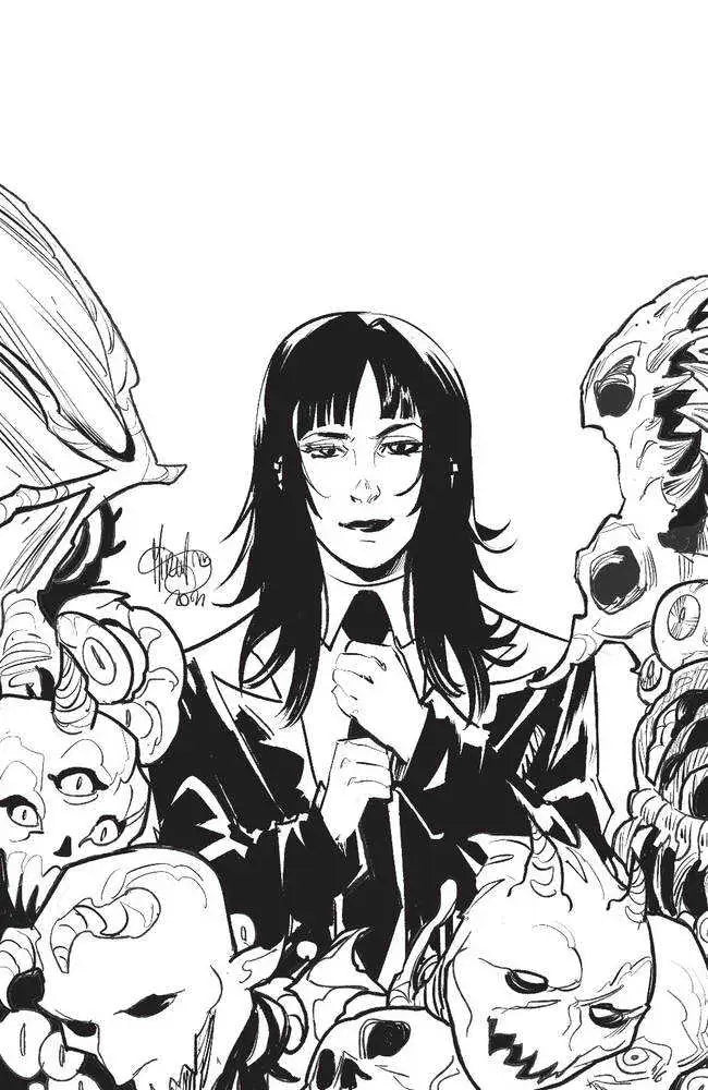 Black and white illustration of a woman in a suit with monstrous creatures for trading cards