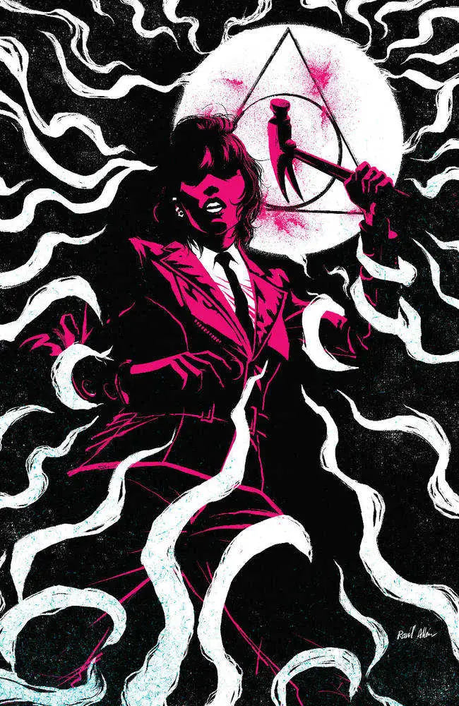 Stylized illustration of suit figure with smoke for Damn Them All #6 Cover E trading cards