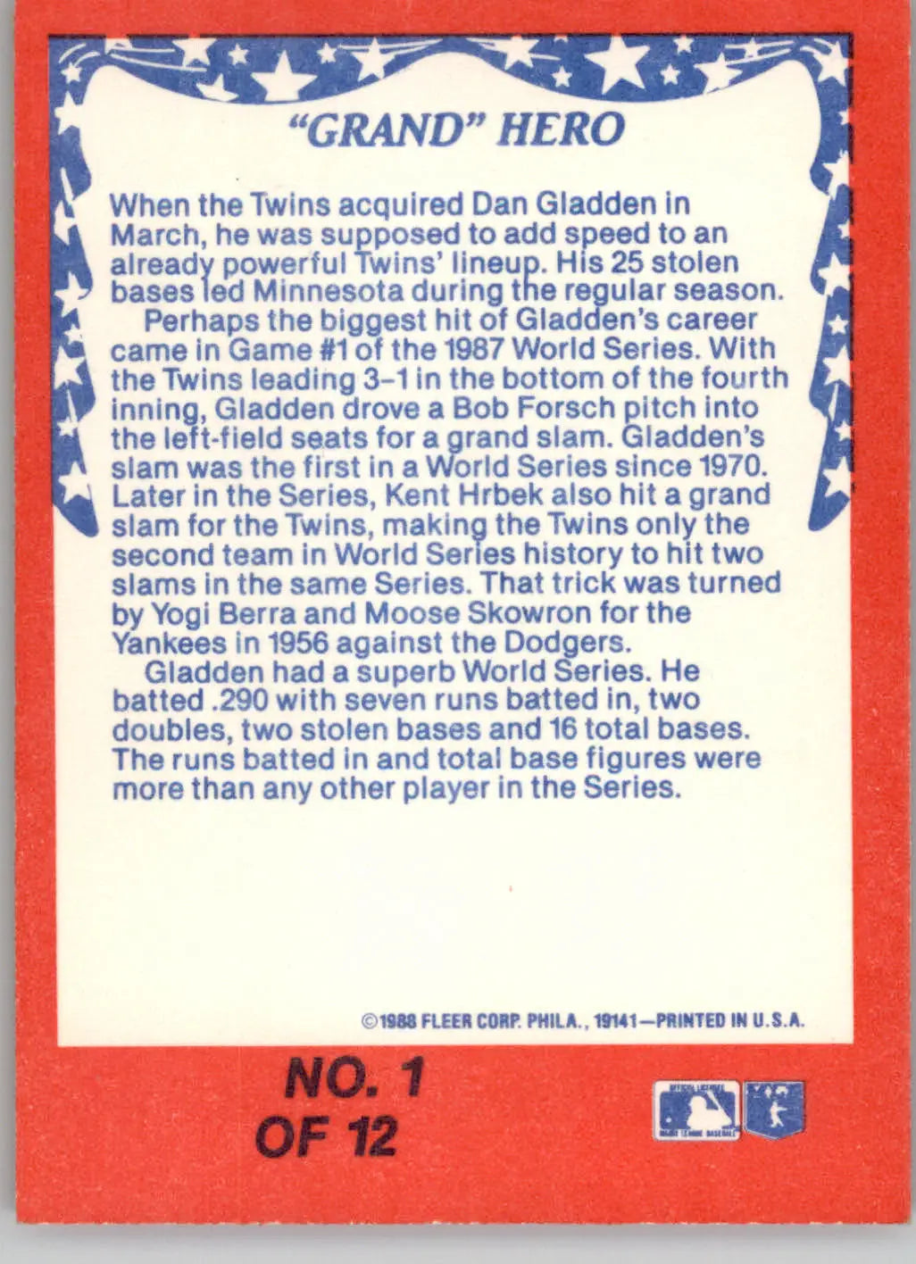 Dan Gladden - ’Grand’ Hero in Game 1 - 1988 Fleer - #1 - World Series - Baseball Card Single