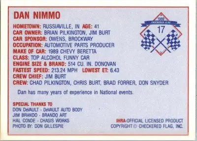 Dan Nimmo - 1989 Checkered Flag IHRA - #17 - Racing - Racing Card Single