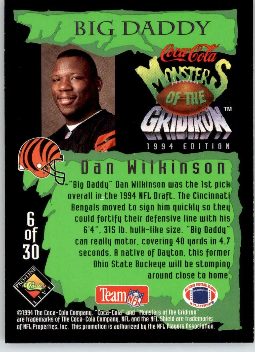 Dan Wilkinson - 1994 Coca-Cola Monsters of the Gridiron - #6 - Football - Football Card Single