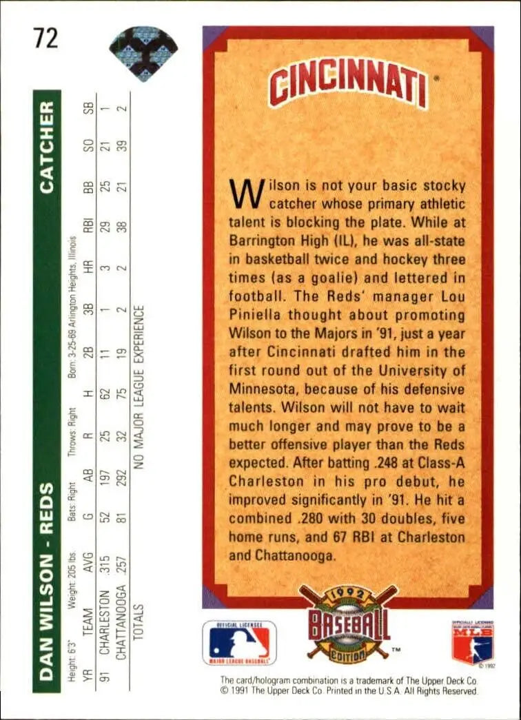 Dan Wilson 1992 Upper Deck MLB #72 Top Prospect Baseball Card Cincinnati Reds - Baseball Card Single