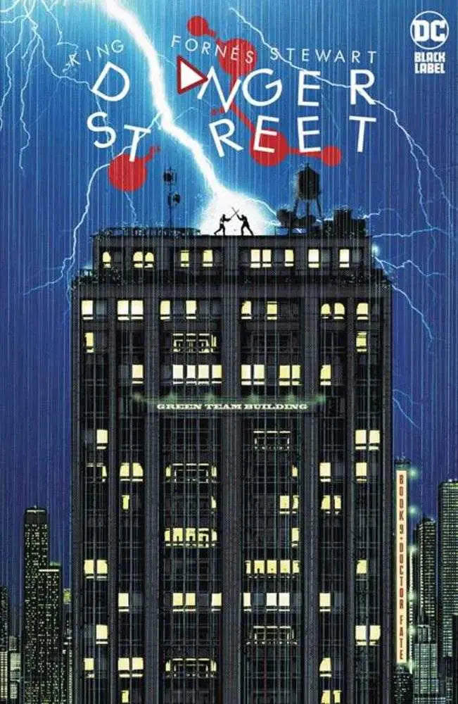 Tall apartment building with silhouettes and lightning, perfect for Danger Street trading cards