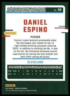 Daniel Espino 2023 Donruss #98 Cleveland Guardians - Baseball Card Single
