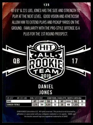 Daniel Jones 2019 SAGE HIT #135 Duke Blue Devils - Football Card Single