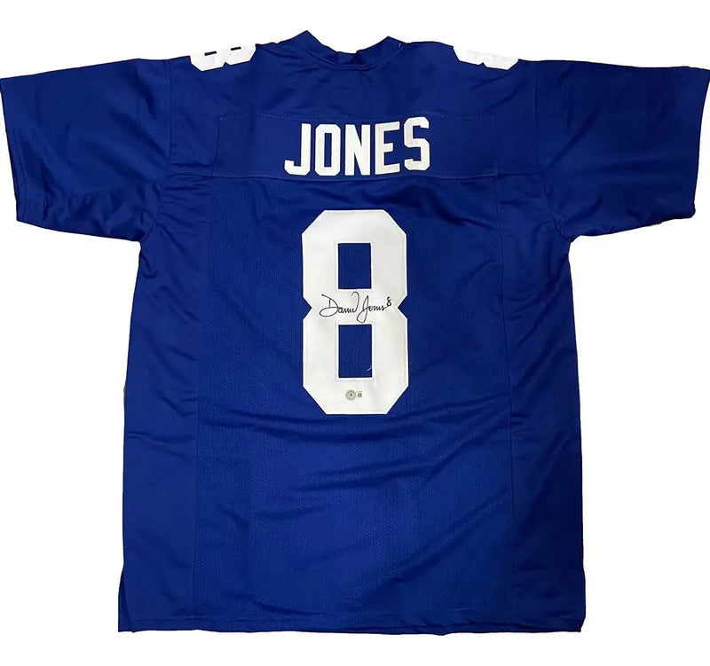 Blue Daniel Jones Autographed New York Giants Jersey with COA, ideal for sports memorabilia collectors