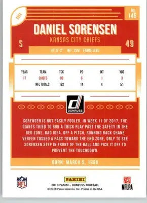 Daniel Sorensen - 2018 Donruss - #145 - Football - Football Card Single