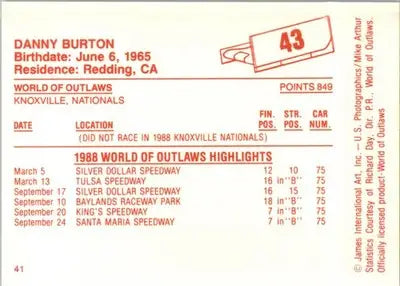 Danny Burton - 1988 World of Outlaws - #43 - Racing - Racing Card Single