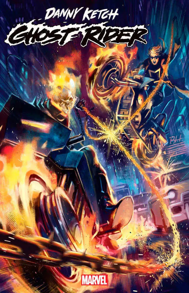 Flaming motorcycle stunt by Ghost Rider Danny Ketch in trading cards product