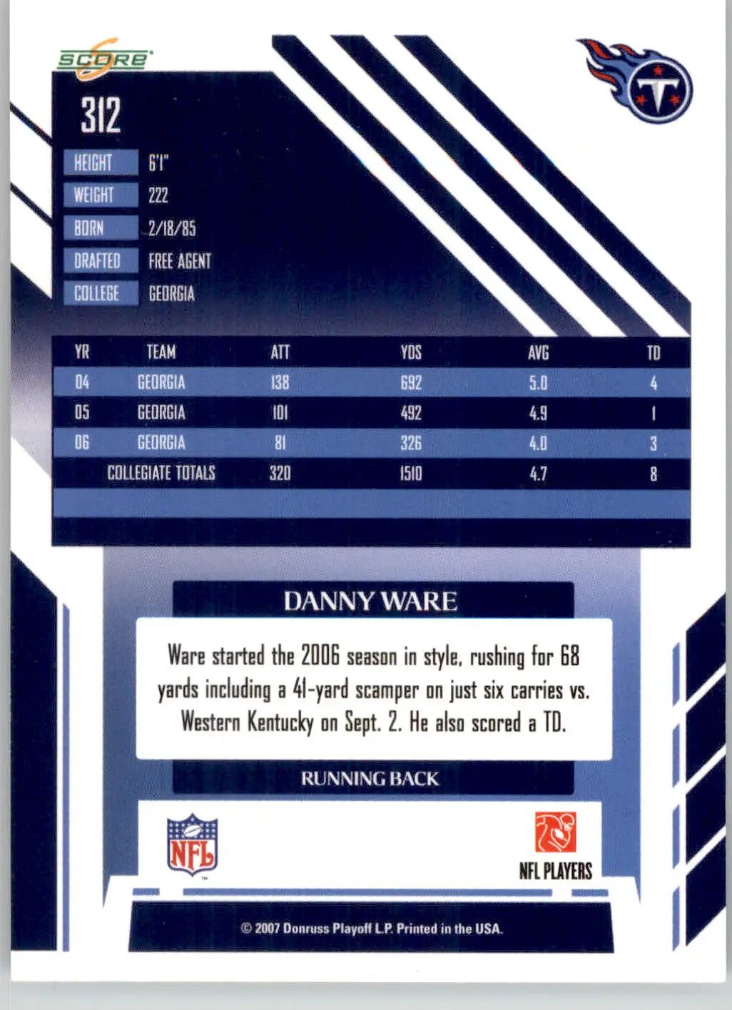 Danny Ware - 2007 Score - #312 - RC Football - Football Card Single