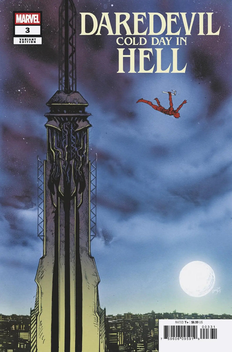Comic book Daredevil falling from skyscraper under full moon Daredevil Cold Day Daniel Warren Johnson Variant