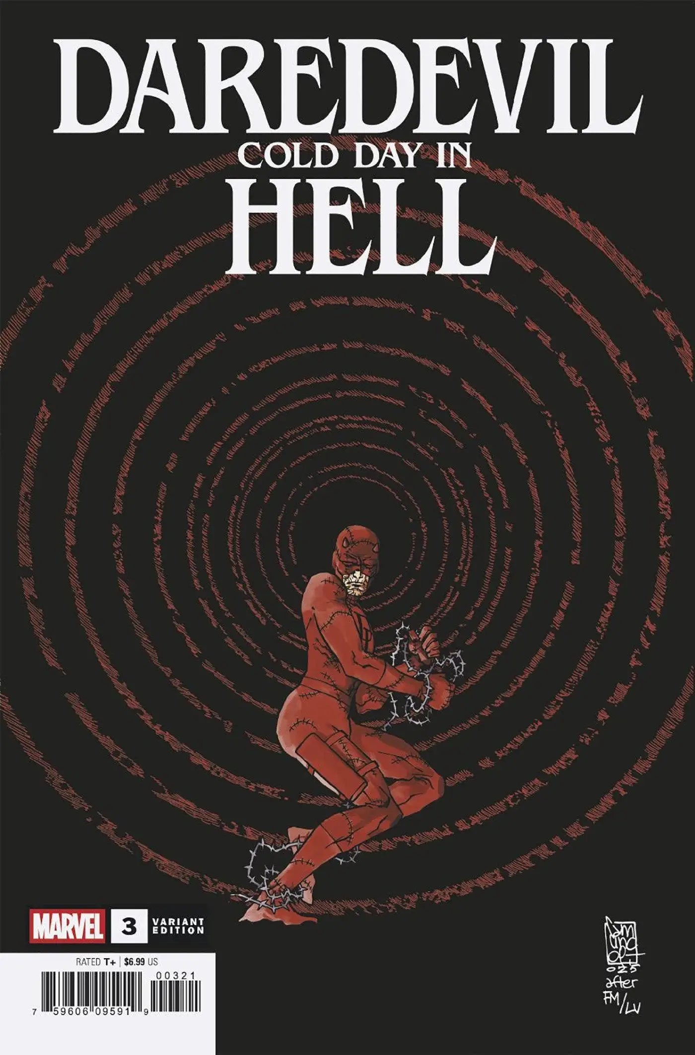 Daredevil Cold Day comic book with variant cover featuring chained Daredevil against swirling background
