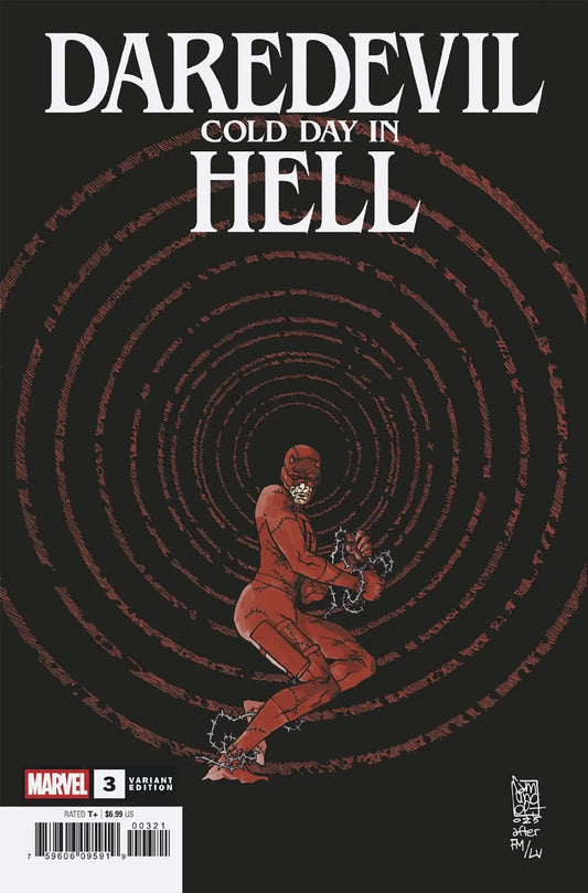 Daredevil Cold Day comic book with variant cover featuring chained Daredevil against swirling background